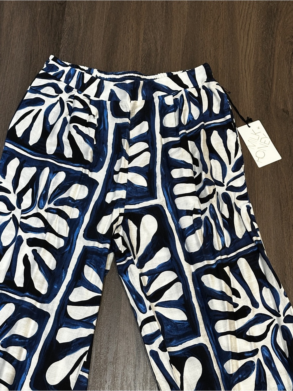 NWT Blue White Tropical Print Wide Leg Resort Pants XL Coastal Vacation - Picture 3 of 9